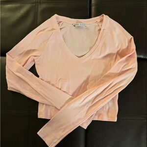 Bershka Light Pink V-Neck Long Sleeve Top